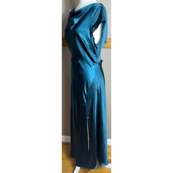 Teal Satin Dress Cap Sleeve Cowl Midi Maxi Formal Party Occasion Glam Womens L - Picture 10 of 13